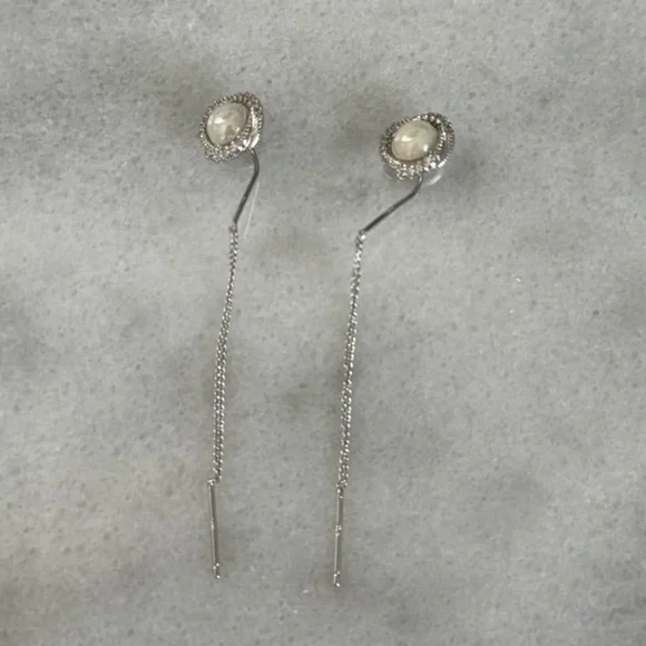 Sterling Silver Vintage Style Pearl Crystal Swirl Threaded Needle Earrings New - Picture 2 of 4